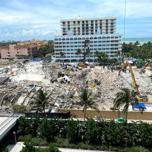 Palm trees stand in the foreground before a pile of debris with construction vehicles.