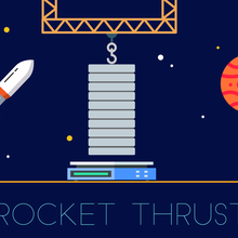 Illustration shows rockets with an outer space background, along with a stack of weights and the title "Rocket Thrust."