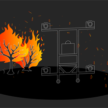 Illustration of a burning tree generating embers next to a device composed of four cameras fixed to the ends of metal arms.