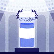 Illustration shows a winner's wreath suspended over a vial labeled IGF-1. 