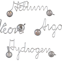 Luminous Script Lights fabricated into the name of the gas they contain, including Helium, Neon, Argon, and Hydrogen.