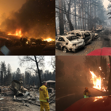 A collage of four images from the 2018 Camp Fire, each representing a factor that significantly influences wildfire severity.