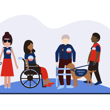 A drawing shows four people with various disabilities gathered together.  