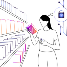 Line drawing: a woman in a store aisle examines a label while a thought bubble shows a padlock.