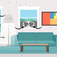 Illustration shows particles as blue dots circulating through a living room via windows, fans and filters.
