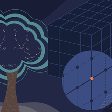 Illustration in blue tones shows a tree on the left with algorithms and lattice images on right. 