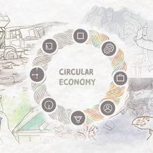 Circular economy illustration has a circle with images of a dump, a scientist, a sea turtle, a water bottle. 