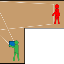 Illustrated hallway with a person on either side of a corner. One person holds up a square item with lines extending outward and around the corner toward the other person.