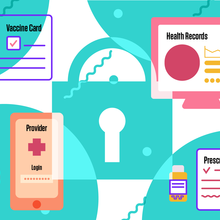 Illustration shows a padlock surrounded by health-care images like a medicine bottle, a vaccine card, and health records.