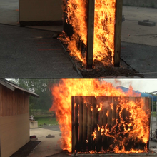Two stacked photos show different angles of sample parallel fences burning near a shed.