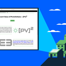 The landing page for the Present Value of PhotoVoltaics tool is incorporated into an illustration of houses with solar panels on their roofs. 