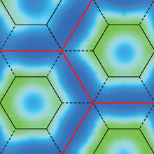 Pattern of hexagonal shapes outlined in red with blue and green rings inside.  