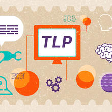 Illustration has "TLP" on a computer screen linked to a robot arm, a human brain, gears and other symbols. 