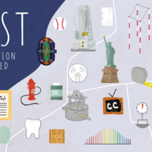 Postcard reads "NIST Innovation Unleashed" with hand-drawn icons like a baseball, walkie-talkie, tape measure, tooth, etc. 