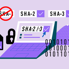 In illustration featuring a laptop, text with the letters SHA-1 is crossed out, with check marks next to the letters SHA-2 and SHA-3.   