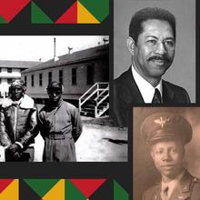 Collage includes four historical photos of Black men in military and office attire on background of gold, green, black and red. 