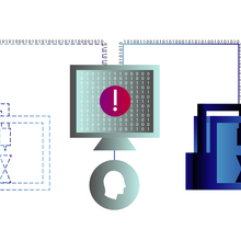 A graphic illustrates information flowing from both real and digital 3D printers on either side of a computer monitored by a person.