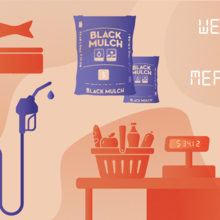 Graphic with text that reads "Weights and Measures" and shows fish at a seafood counter, a bag of mulch, a grocery checkout, and a gas pump. Color scheme is orange and purple. 