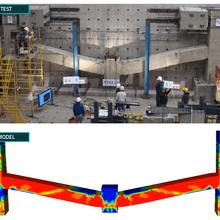Photo on top showing researchers studying a large concrete structure on a wall; image on bottom showing a heat map of forces on a similar simulated structural column.