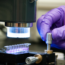 A hand in a purple glove turns a metal dial on a plate holding tiny vials of purple liquid. 