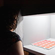 Megan King looks into a lighting test booth at a grid of orange-hued color samples. 