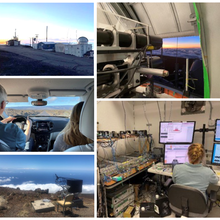 Collage of five photos shows scientific equipment at several sites in Hawai‘i and researchers traveling between sites.