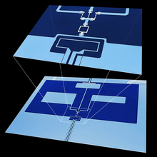 A blue-tinged drawing shows a schematic of the two qubits and resonator above a white rectangle, which represents the SQUID device that controls the connections and relationships among the qubits and resonator elements.