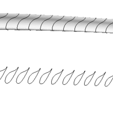 Diagram shows two turbine blades horizontally, one over the other, with the lower one pulled apart to show the shape in cross sections. 