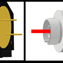 Two-part diagram shows black device with round opening on the left side, exterior and interior views. 