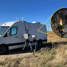 A white van is parked in the Colorado plains. An inset shows a mid-infrared laser system, which is housed inside of the van.