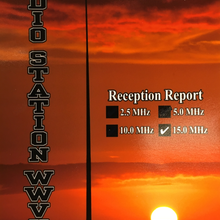 A sunset. Text reads: "Radio Station WWVH. Reception Report, 15.0 MHz. Serial #23818. Date 4/7/2023."