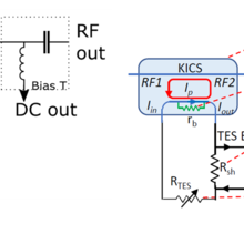 Circuit diagram (left) and readout demonstration (right) for a prototype KICS device