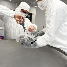 Two researchers wearing protective gear are cutting open a bag labeled "Omnivore 1" over an icy freezer container.