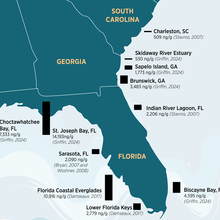 Map of Southeast U.S. shows levels of mercury found in dolphins in various sites since 2007.