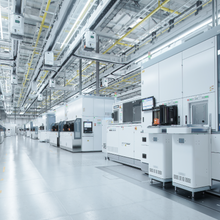 image of the inside of a semiconductor manufacturing facility with equipment and safety regulated systems