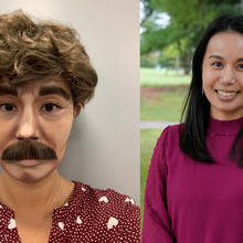 Side-by-side photos show Mei Lee Ngan disguised with a wig, moustache and makeup (left) and as her normal, smiling self (right). 