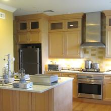 A high-end residential kitchen contains both normal cookware and appliances and scientific equipment. 