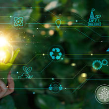 banner image showing hand holding a plant with a lightbulb in it with various environmental sustainability icons in the background