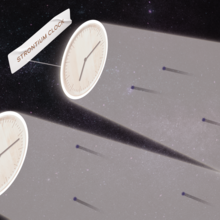 Illustration shows two clocks labeled "Aluminum" and "Strontium" moving through space, highlighting particles of dark matter in their wakes. 