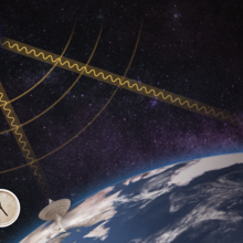 Illustration shows two large telescope dishes on Earth, each with a clock image next to it, both looking toward a faraway planet.