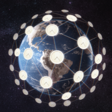 Illustration shows Earth surrounded by a network of analog clocks.