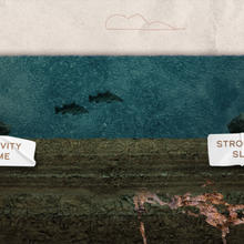Collage shows cross-section view of a lake with "Weaker Gravity, Faster Time" over normal lakebed and "Stronger Gravity, Slower Time" over mineral deposits.