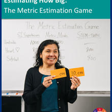 Metric Estimation Game facilitator, Isabel Chavez Baucom, demonstrates unit symbol writing style to participants as they stand in front of a  white board that displays the game score.