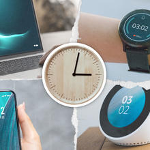 Illustration shows analog clock in center with laptop, smartwatch, digital clock and phone all showing the same time.