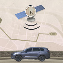 Illustration shows analog clock on a satellite hovering over a driving map and photo of SUV.
