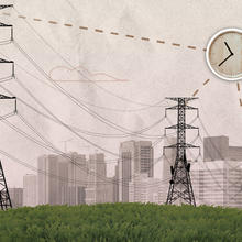 Illustration shows analog clock with dotted lines connecting it to large pylons carrying power lines with a city skyline in the background.