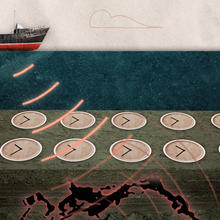 Illustration shows a ship sending some kind of sensing tech underwater, through a layer of clocks, and into a lower layer with mineral deposits.