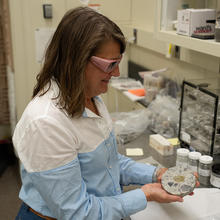 A researcher wearing safety glasses stands in the lab displaying a small disk of concrete with visible rocks inside it. 