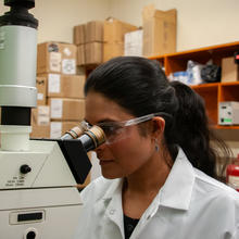 A woman wearing a lab coat and safety glasses stares into a large microscope.