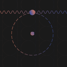 A squiggly line with an arrow appears above a cluster of spheres inside a circle. 
